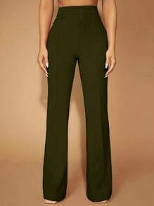 SHEIN LUNE Plus Size Solid Color Pleated Straight-Leg Pants - Army Green - View 1