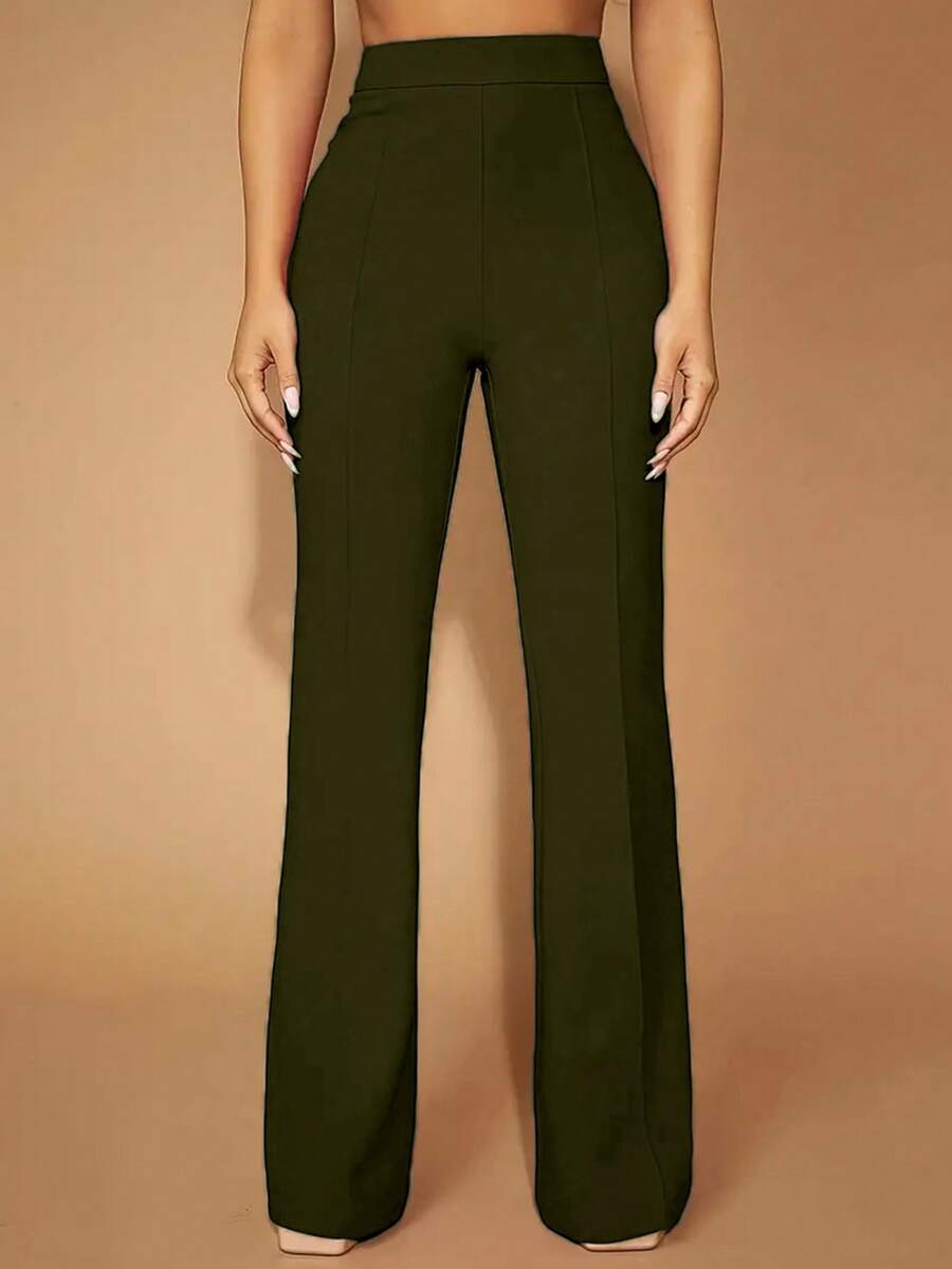 SHEIN LUNE Plus Size Solid Color Pleated Straight-Leg Pants - Army Green - View 1
