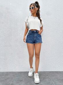 SHEIN EZwear 蝙蝠袖紋理短款夏日T恤 - 白色 - 查看 3