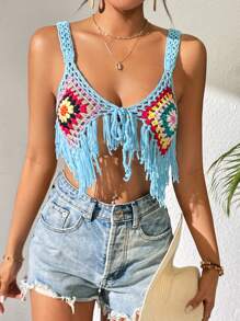 SHEIN Swim 女士海滩度假波西米亚风彩色钩针罩衫夏季 - 彩色 - 查看 4