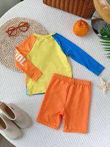 SHEIN Baby Boy And Girl Cute Long Sleeve Rash Guard Swimwear And Swim Shorts With Shark Print And Patchwork,Kids - Multicolor - View 2