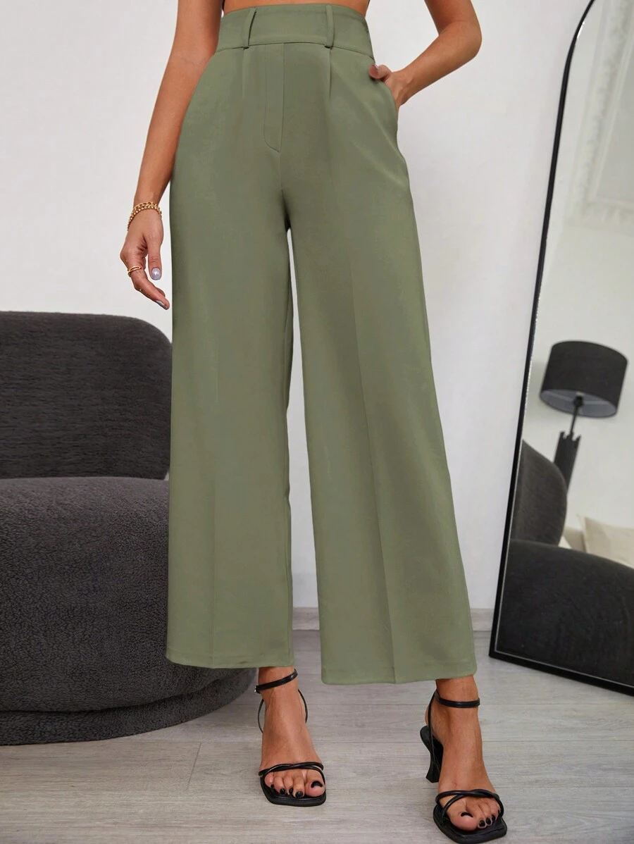SHEIN Cottnline بنطلون بساق واسع خصر عالي تفاصيل خياطة - أخضر عسكري - مشاهدة 1