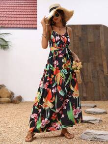 SHEIN VCAY Women's Summer Holiday Floral Printed Strappy Dress - Multicolor - View 5