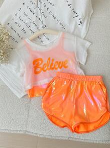 Young Girls' Sporty And Cool Knitted Mesh Short-Sleeve Top With Matching Suspender Shorts Set