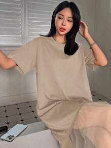 DAZY Mesh Splice Round Neck Loose Short Sleeve T-Shirt Dress For Women Summer,Ruffle,Casual Women Dresses