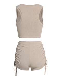 INAWLY Women's Solid Color Round Neck Sleeveless Top With Twisted Design And Shorts Summer Two-Piece Outfit - Apricot - View 2