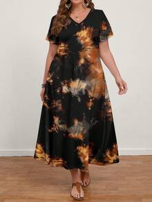 EMERY ROSE Vestido de verano de manga corta y cuello en V para mujeres de talla grande con estampado anudado - Multicolor - Ver 4