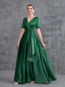 Women' Surplice Neck Satin Formal Dress - Dark Green - View 5