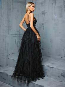 Women's Sexy 3D Embroidered Patchwork Sheer Ruffle Hem High Slit Dress, Formal Evening Gown Black Elegant Prom Wedding Guest Dress, For Graduation, Dinner Party Dress - 黑色 - 查看 2
