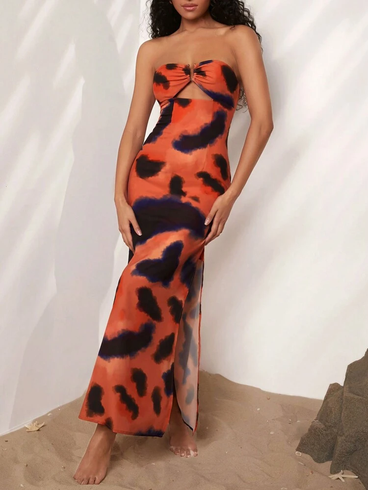 Women's Tie-Dye Halter Dress With Side Slits And Hollow Out Detail, Vacation