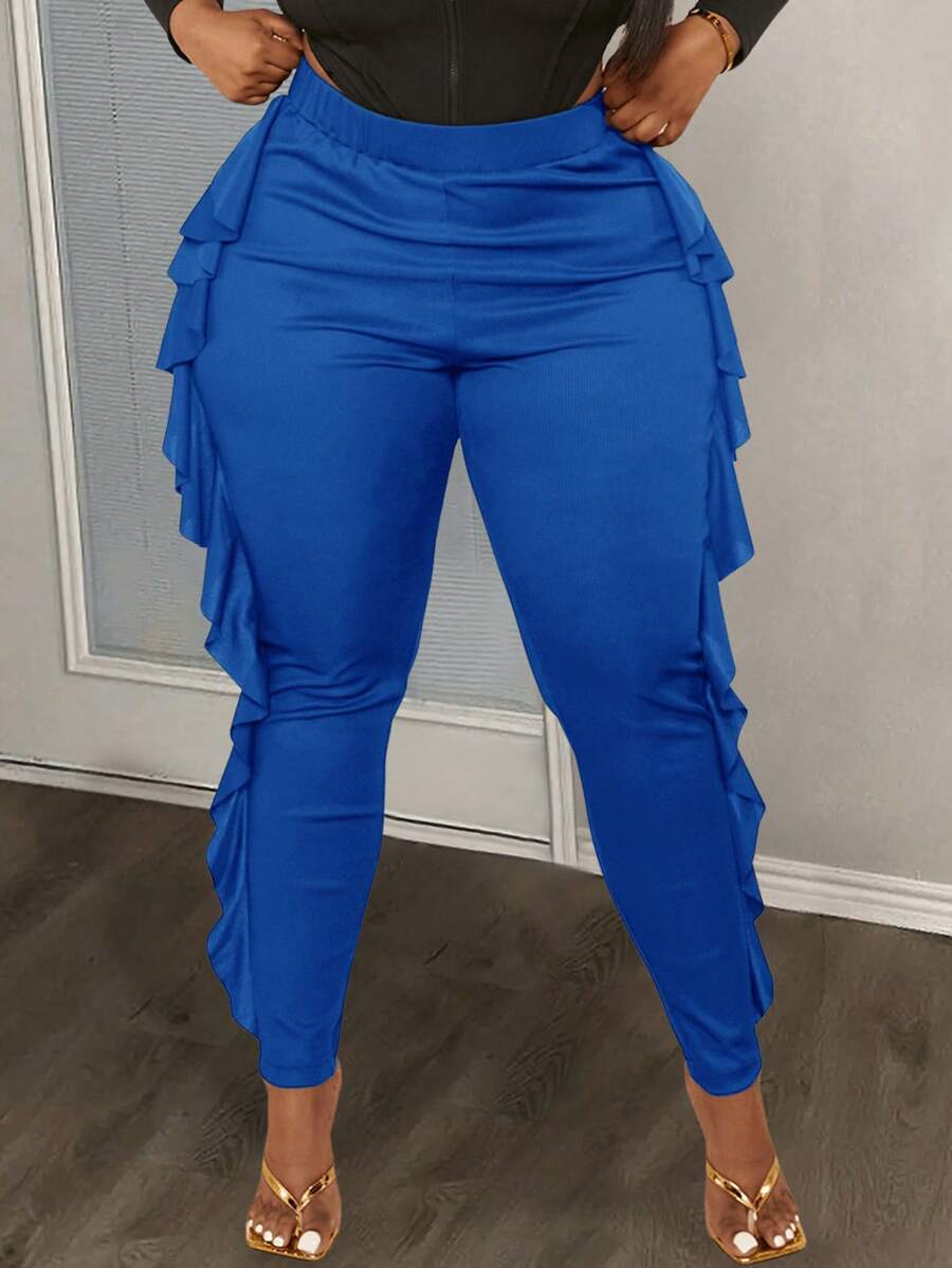 Slaydiva Plus Size Elegant & Party Solid Color Slim Fit Side Split Ruffle Trim Patchwork Knit Fabric Long Pants For Women - Royal Blue - View 1