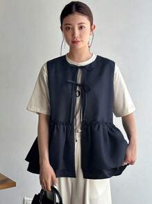 FRIFUL 女士休闲纯色丝带无袖夹克，春夏，荷叶边背心 - 藏蓝色 - 查看 9