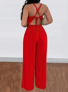 Vaiaye Women's Diamond Hollow Lace-Up Criss-Cross Backless Pleated Jumpsuit, Suitable For Christmas And Valentine's Day - Red - View 5