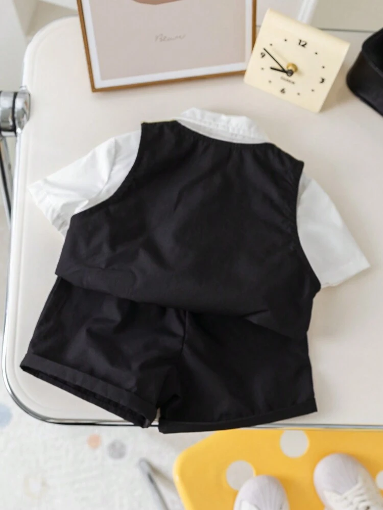 Baby Boy Girl Summer Black And White Gentleman Suit,Elegant Page Boy 4Pcs Set,Short Sleeve Shirt,Badge Vest,Shorts With Bow Tie,Back-To-School Outfit