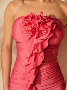 Hauture Women's Fashionable Strapless Dress With 3D Flower Decor - Red - View 4