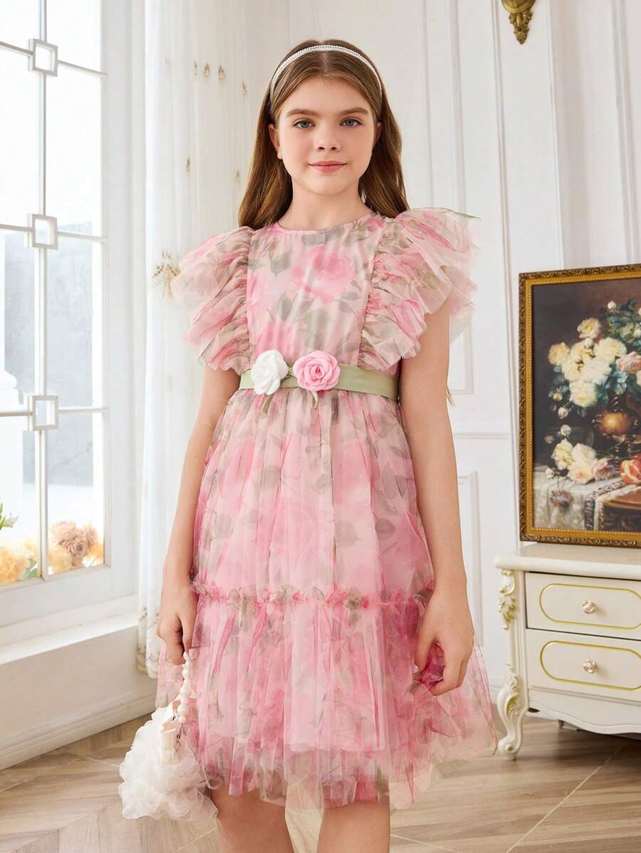 SHEIN Tween Girl Casual Round Neck Flutter Sleeve Mesh Printed Dress With Ruffle Trim - Baby Pink - View 1