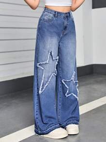 SHEIN Teen Girl Y2K Loose Fit Jeans With Star Star Patchwork - Medium Wash - View 4