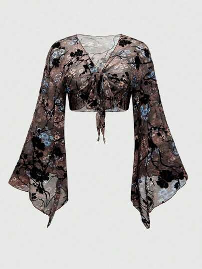 Goth Top ample et asymétrique avec manches évasées, imprimé floral vintage et floqué pour femmes grandes tailles