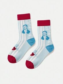 The Wizard of Oz X SHEIN 1 Par De Calcetines Mediados De Corte De Patrón De Rayas Y Personajes De Dibujos Animados Para Mujeres - Multicolor - Ver 3