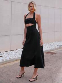 SHEIN Essnce 女性夏季露背連身裙，腰部剪裁設計，腰部收緊裝飾