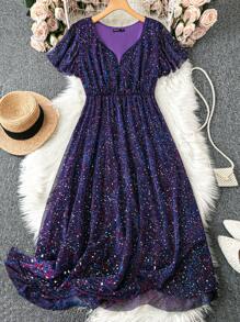 SHEIN Clasi Plus Size Women Fashionable Mesh Short Sleeve Dress With Rhinestone Embellishment