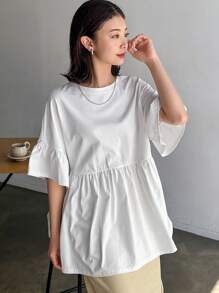 FRIFUL Women's Fashionable Loose-Fit Solid Color A-Line Short Sleeve T-Shirt For Daily Wear,Ruffle - White - View 4