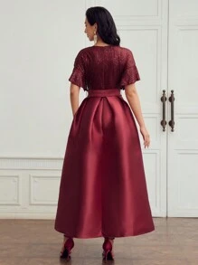 MOTF PREMIUM V-NECK CONTRAST SEQUIN FLARE SLEEVE BUCKLE BELTED DRESS