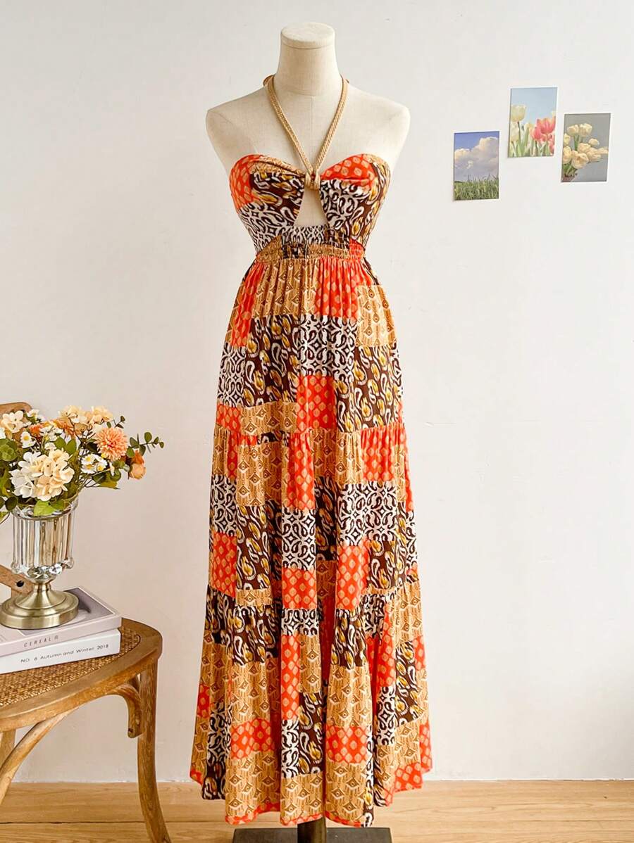 Soleia Vestido de vacaciones para mujer de estilo bohemio en color marrón con estampado de cachemira y volantes en la cintura, con escote frontal y en el medio calado, dobladillo dividido en múltiples capas y correa de collar