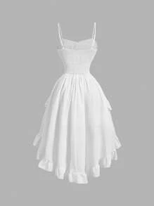 SHEIN MOD Women's Solid Color Sweetheart Neckline Cross Tie Rod Ruffle Edge Asymmetric Vintage Hem Dress,Graduation White Dress,White Graduation Dress