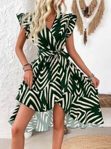 Breezaya Vestido largo de vacaciones informal con estampado a contraste, volantes y bajo asimétrico para vacaciones y playa para mujeres - Verde Oscuro - Ver 5
