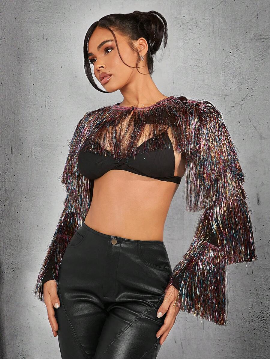 SHEIN Haute 分層金屬流蘇短外套 - 彩色 - 查看 1