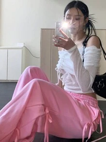 DAZY Seitliche Schleife Bindeband Damen lose Sport Hose mit Zugband - Pink - Übersicht 2