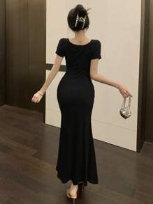 DAZY Women's Elegant Solid Color Twisted Back Fish Tail Dress For Summer Prom Dress Sundress,Formal Women Dresses - Black - View 5