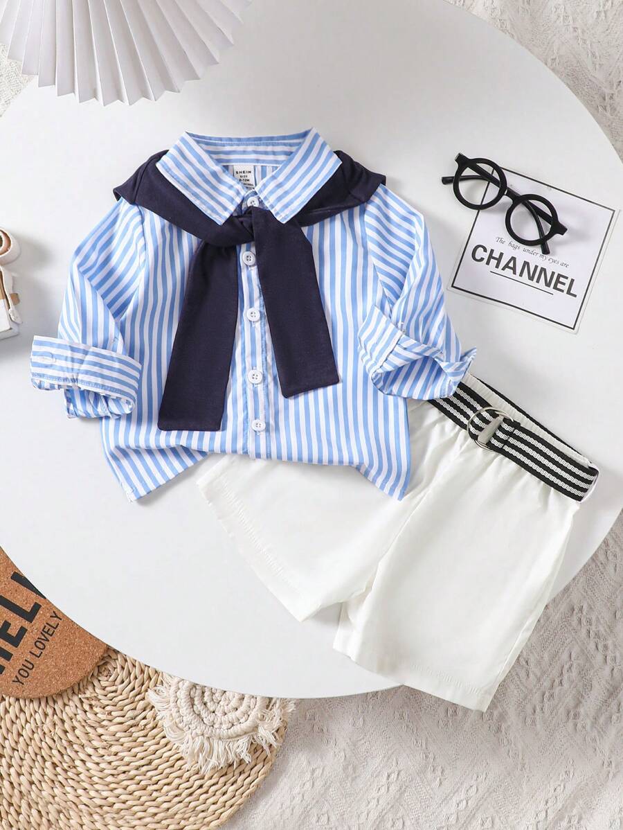 SHEIN Conjunto de camisa y pantalón corto a rayas informales para bebé niño de primavera/verano con cinturón y chal para la vida diaria/vacaciones - Multicolor - Ver 1