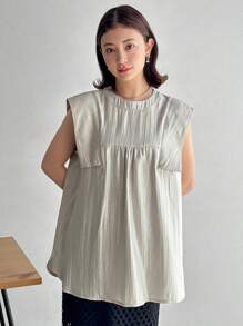 FRIFUL Áo sơ mi nữ không tay cổ tròn màu trơn, mùa hè - Màu be - Xem 1