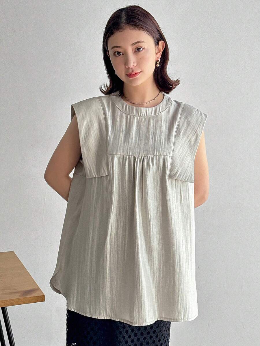 FRIFUL Áo sơ mi nữ không tay cổ tròn màu trơn, mùa hè - Màu be - Xem 1