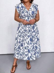 SHEIN LUNE Plus Size V-Neck Floral Print Ruffle Hem Tie Waist Vacation Dress, Women Summer Outfit