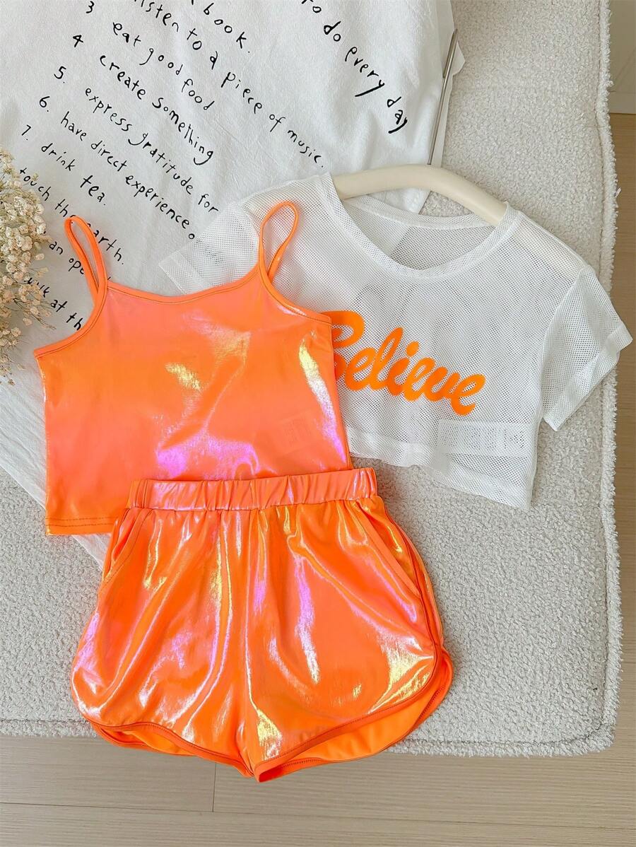 Young Girls' Sporty And Cool Knitted Mesh Short-Sleeve Top With Matching Suspender Shorts Set