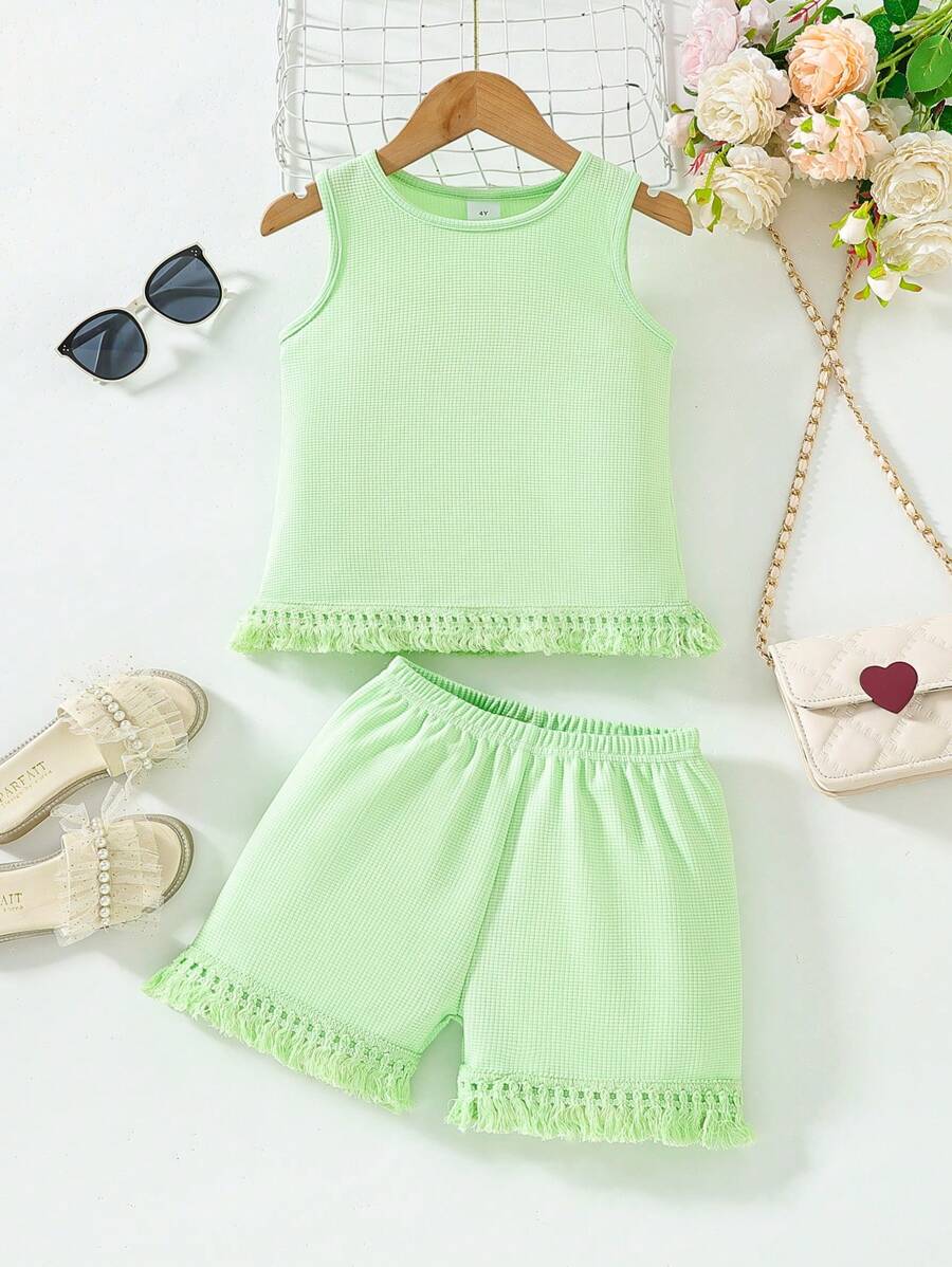 Young Girl Fashionable Solid Color Sleeveless Top And Shorts Ladylike 2pcs Outfit - Mint Green - View 1