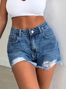 RueChic Summer Casual High Waisted Denim Shorts With Frayed Edge And Pockets - Light Wash - View 3