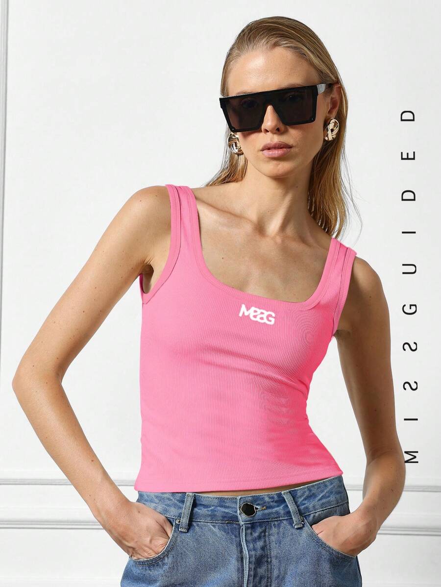 MISSGUIDED 繡花商標肋方領背心 - 粉色 - 查看 1