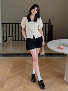 DAZY Áo sơ mi tay phồng có cổ màu khối thường ngày mùa hè dành cho nữ - Màu be - Xem 2