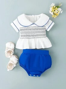 SHEIN Set bestehend aus Baby Mädchen elegantem Oberteil im Palast-Stil mit exquisiter Stickerei und Dreiecks-Shorts in einfarbigem Design passend für den Sommer