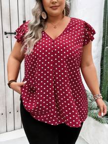 SHEIN CURVE+ 夏季加大码红色波点印花荷叶袖衬衫