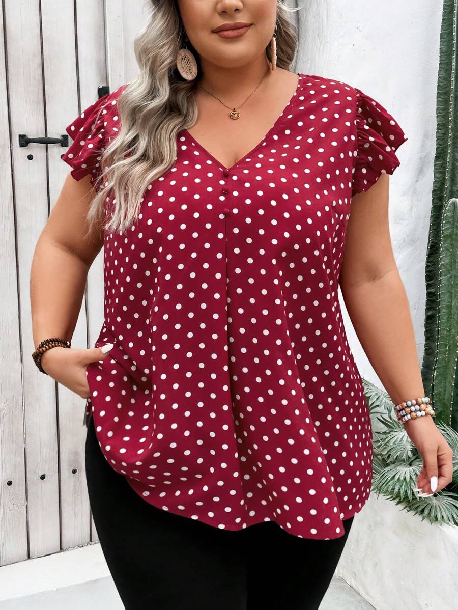 SHEIN CURVE+ 夏季加大码红色波点印花荷叶袖衬衫