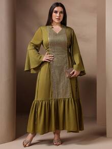 Plus Size Women V-Neck Minimalist Everyday Arabic Style Dress, Modest - Green - View 5