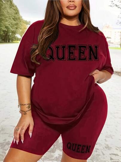 Plus Size Women Summer Letter Print Round Neck Short Sleeve Casual T-Shirt And Shorts Set
