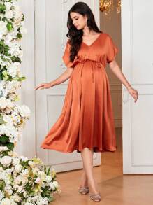 SHEIN Maternity Casual & Commuter Simple Young Breastfeeding Clothing V-Neck Cap Sleeve Mid-Length Jumpsuit Dress - Rust Brown - View 4