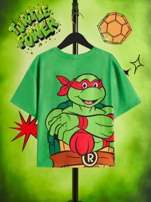 TEENAGE MUTANT NINJA TURTLES X SHEIN Maglietta con stampa a fumetti verde casual con collo tondo, maniche corte e vestibilità larga, adatta ai ragazzi adolescenti