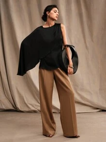 Anewsta Women's Round Neck Solid Color One-Shoulder Casual Daily Wear Shirt - Black - View 4